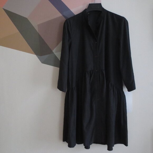 Zara Black Lyocell Blend Gathered Mini Summer 3/4 Sleeve Shirt Dress Sundress - Picture 2 of 5